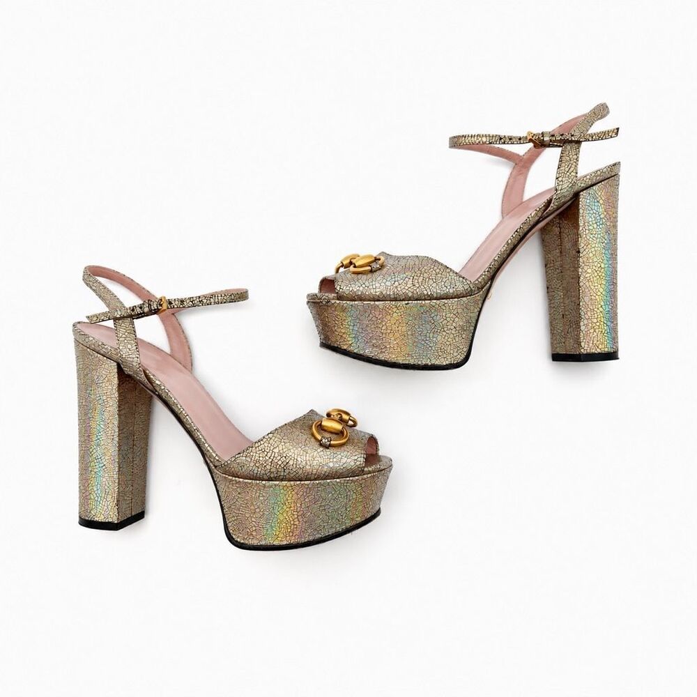 GUCCI Claudie Platform Horsebit Iridescent Gold Heeled Sandal Size 37 Leather - Picture 6 of 12